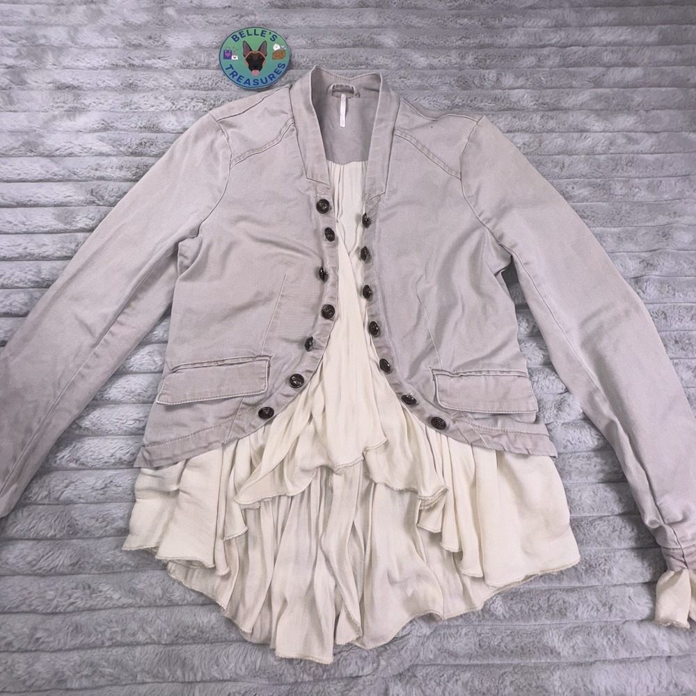 Free People XS Ruffle Romance Tan Open Cardigan Jacket Buttons Pocke Military - Picture 4 of 10